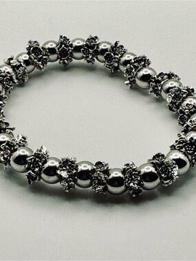 Silver Floral Sensory Input Bead Stretch Stacking Fidget Bracelet - Handmade